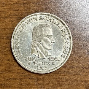 1955 F Germany Silver 5 Marks Friedrich von Schiller Uncirculated Lightly Toned - Picture 1 of 2