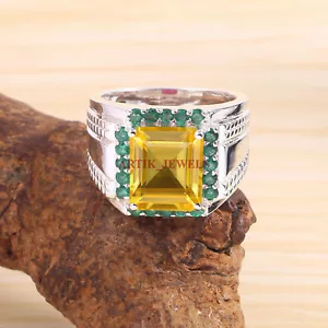 Anello Da Uomo In Argento Sterling 925 Con Citrino Naturale E Onice Verde #5811 - Foto 1 di 4