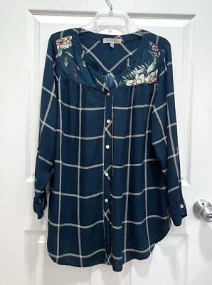 Blusa Campesina FIGUEROA & FLOWER Mujer 2X Floral Cuadros Manga con Pestaña Redonda Verde Foto 1 de 4