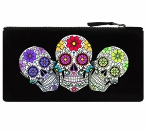 Sugar Skull Trio Black Pencil Case, Day of Dead, Gothic, Floral Death Flowers - Picture 1 of 4