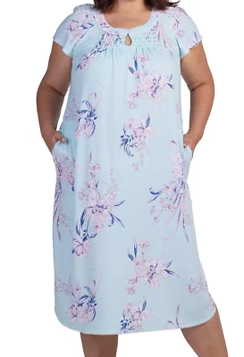 Новый с ярлыками $66 Miss Elaine Aqua цветочный крышка рукава карманы 48» длинный балет ночная рубашка 1 X - Изображение 1 из 4