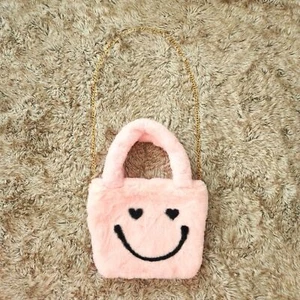 ASOS Design Mini Tote Bag in Faux Fur Happy Face Print Pink NWOT - Picture 1 of 9