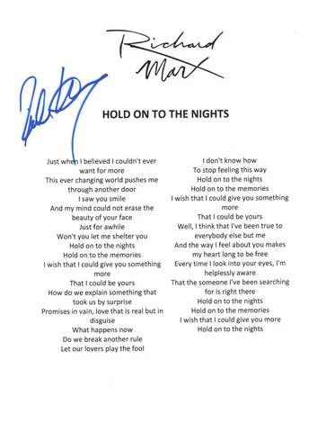 Richard Marx Signed Lyric Sheet Hold On To The Nights COA Cover