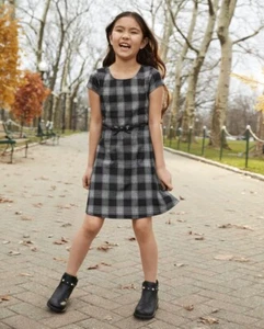 New Childrens Place Plaid Jacquard Belted Dress Girls Youth Size 14 Black White - Picture 1 of 8