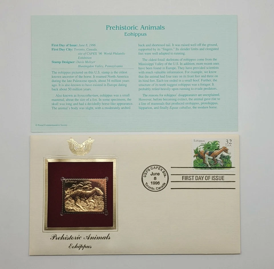 4 Prehistoric Animals 22kt Gold Stamps First Issue 32 Cent June 8, 1996. STP55 - Image 1 of 4