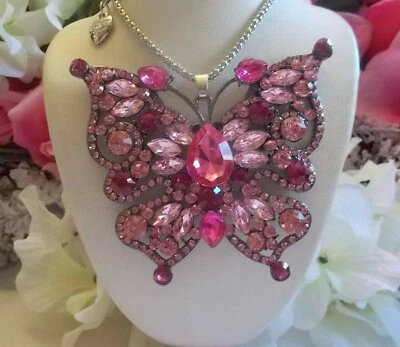BETSEY JOHNSON LARGE MIXED PINK CRYSTAL & RHINESTONE BUTTERFLY PENDANT NECKLACE - Image 1 of 4