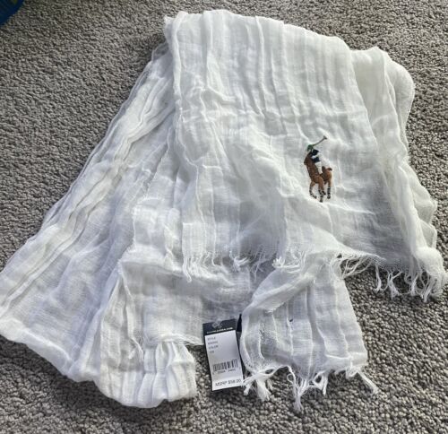 Polo Ralph Lauren White think scarf with horse logo, new with tags
