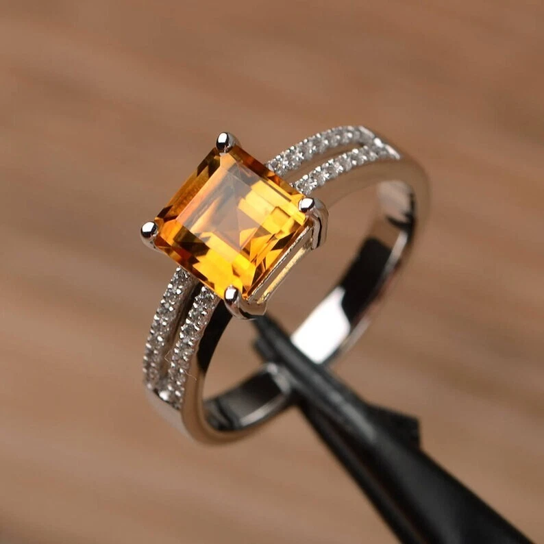 2.84Ct Princess Cut Natural Citrine Diamond Engagement Ring 14K White Gold 6 7 8 - Imagem 1 de 4