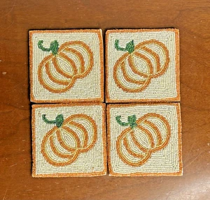 4 Beaded Fall Thanksgiving Pumpkin Coasters set Bead square 4"x4" - Picture 1 of 7
