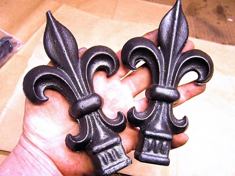 TWO cast iron Fleur De Lis finials rubbed bronze black steel finish Cover