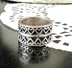 Vintage Sterling Silver 925 Heart Wide Band Ring Signed - Picture 1 of 13