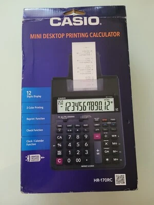 Casio HR-170RC Mini Desktop Printing Calculator Black 2 Color Printing Adapter - Image 1 of 3