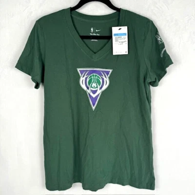 Nike DrI Fit Women's Milwaukee Bucks MED T-Shirt Mix Tape Logo Green NBA 75 NWT - Image 1 of 4
