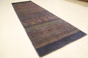 8 Ft Blue Gabbeh Afghan Hand Knotted Tribal Geometric Wool Runner Rug - Picture 1 of 12