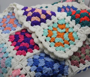 VTG Multicolor Crochet Granny Square Afghan Quilt Blanket Large Roseanne 60”x87” - Picture 1 of 11