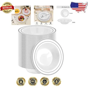 Premium 12oz Plastic Bowls with Silver Rim - Perfect for Weddings & Parties - Picture 1 of 8