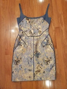 J MENDEL Metallic ROSE GOLD Cloque Abstract blue gray fitted Dress 4 NEW $2179 - Picture 1 of 4