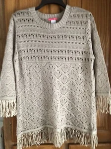 SUNNY LEIGH Woman’s XL Beige Knitted 3/4 Slv Pullover Tunic Sweater W/Fringe - Picture 1 of 3