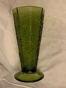 Vintage Green Indiana Glass Footed Vase W/ Harvest Grape Leaves Design - Picture 1 of 7