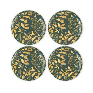 Green & Gold Foliage Coaster Set - Round Glass Gift Set of Four Coasters - Picture 1 of 1