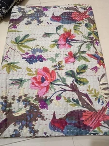 Kantha Quilt Cotton Indian Handmade Bedspread Blanket Bird Print Throw Quilt - Picture 1 of 11