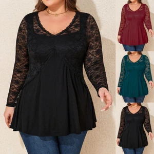 Plus Size Womens Lace V Neck Tunic Tops Ladies Long Sleeve Ruffle T-Shirt Blouse - Picture 1 of 24