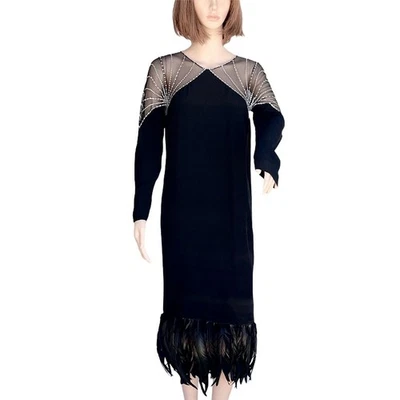 BOB MACKIE For BERGDORF GOODMAN Cocktail Dress Size S Black Feather Hems - Image 1 of 4