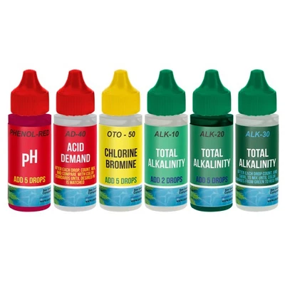 6 Bottle Refill Solution Pack for Premium 5-Way Swimming Pool & Spa Test Kit - Image 1 of 4