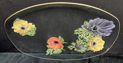 "Plato de servir floral de vidrio transparente con borde dorado 13""" Foto 1 de 4