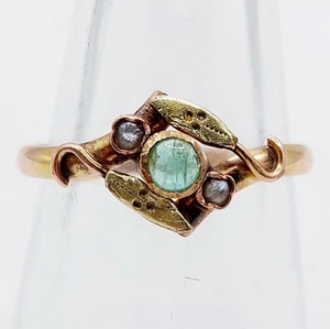 Anillo art nouveau oro rosa 14k esmeralda y perla montura floral (alrededor... - Imagen 1 de 10