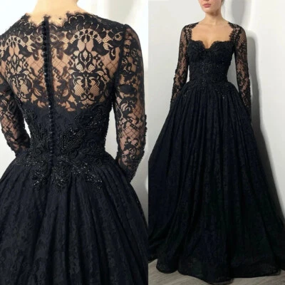 Gothic Black Wedding Dresses Long Sleeves Lace Appliques Beaded Bridal Gown - Image 1 of 4