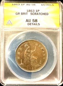 Great Britain 1863 penny KM ANACS AU 58 details light scratch - Picture 1 of 2