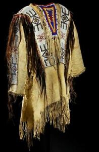Old Style Beige Buckskin Suede Hide Fringes Beaded Powwow War Shirt NA830