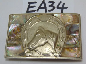 FIBBIA CINTURA VINTAGE ALPACA MESSICO TP 75 LHC ABALONE GUSCIO INTARSIATO INSEGNA TESTA DI CAVALLO - Foto 1 di 10