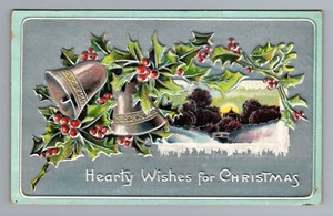 1910s Hearty Wishes for Christmas Embossed Holly Bells Postcard - Picture 1 of 2