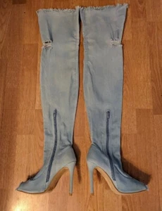Thigh High Women's Jean Heels - Picture 1 of 8