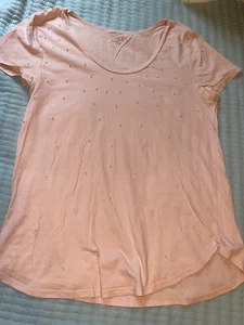 LOFT OUTLET   M   SS    WOMEN'S  PEACH   BLOUSE  with PEARLS   PRE-OWNED - Picture 1 of 9