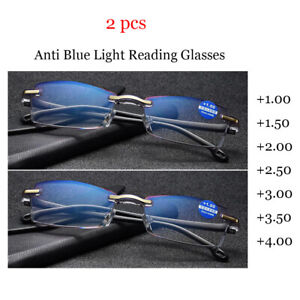 2x Rimless Reading Glasses Black Plastic Anti Blue Light +100 +200 +300 +400