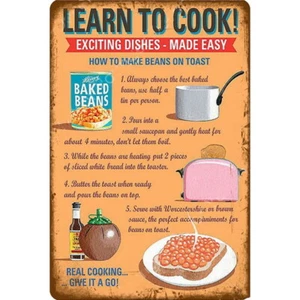 Retro Vintage Learn To Cook Beans Toast Real Cooking Kitchen Metal Wall Sign - Picture 1 of 2