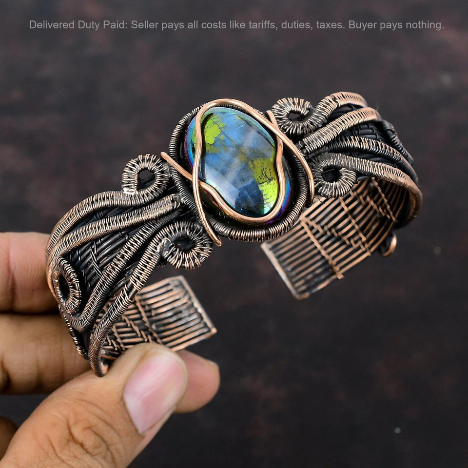 Natural Mystic Fire Labradorite Wire Wrapped Sister Wedding Cuff Jewelry Copper - Image 1 of 4