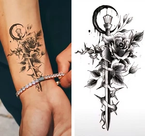 Roses & Dagger Line Art Temporary Tattoo Faux Fake Tattoos Floral Rose Leaves - Picture 1 of 6