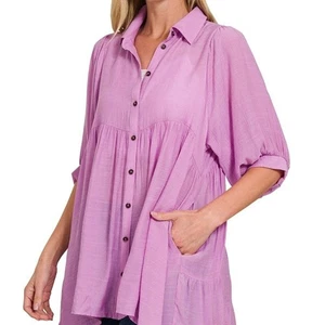 Blusa ZENANA S/M Lino Bolsillos en Niveles Cazadora Botones Altos-Bajos Mangas Puños Lila - Imagen 1 de 5