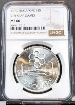 Singapur 1973 plata 5 dólares 7th Seap Games NGC MS 66 HERMOSA GEMA BU Foto 1 de 3