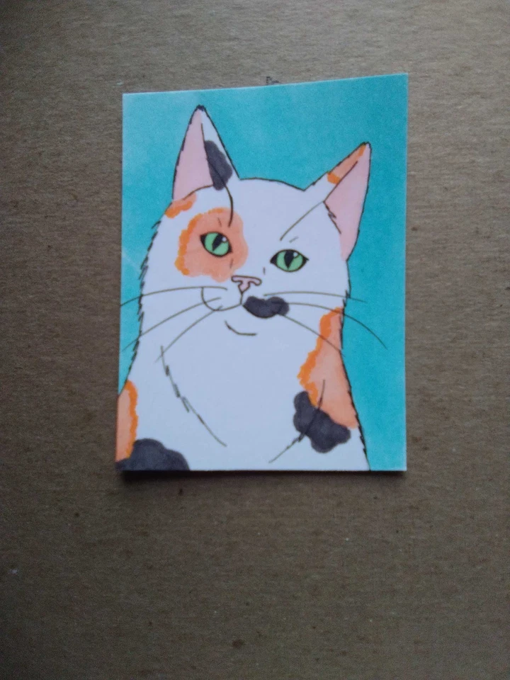 Tarjeta de arte de pintura ACEO original de medios mixtos ATC Cat 6 Foto 1 de 1