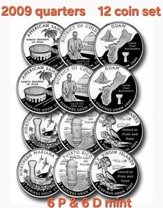 🔥2009 P & D Unc. 12 coin Set🔥 DC & US Territ. Quarter UNC From Mint Rolls - Picture 1 of 1