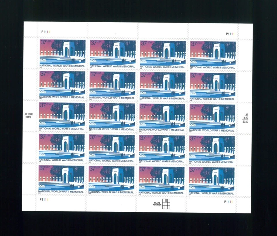 United States 37¢ National WWII Memorial Postage Stamp #3862 MNH Full Sheet - Image 1 of 1