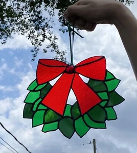 Stained Glass Christmas Wreath Suncatcher VTG Window Decor Red Bow *AS IS* - Picture 1 of 6