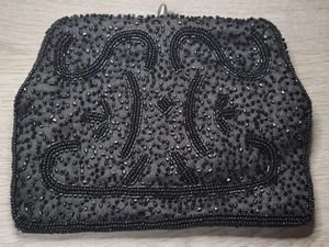 Clutch Purse Sharonee Black Beaded Evening Kissing Claps Clousure Vintage Japan - Picture 1 of 6