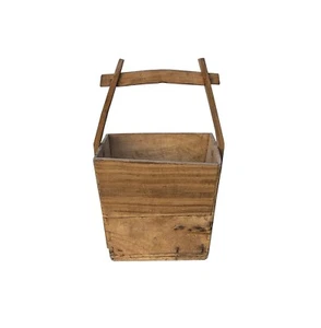 Vintage Rustic Raw Wood Light Tan Square With Handle Wood Bucket JK246 - Picture 1 of 6