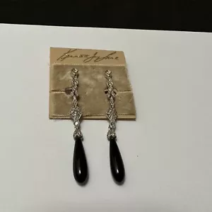 Art Deco Style Rhinestone Silver Tone Black Bead Dangle Clip On Earrings Retro - Picture 1 of 10